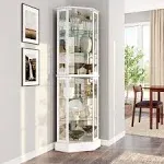 Belleze Lighted Curio Cabinet Corner Display Case for Living Room, China Hutch with Tempered Glass Doors and Shelves, Wooden Accent Cabinet, Bar and