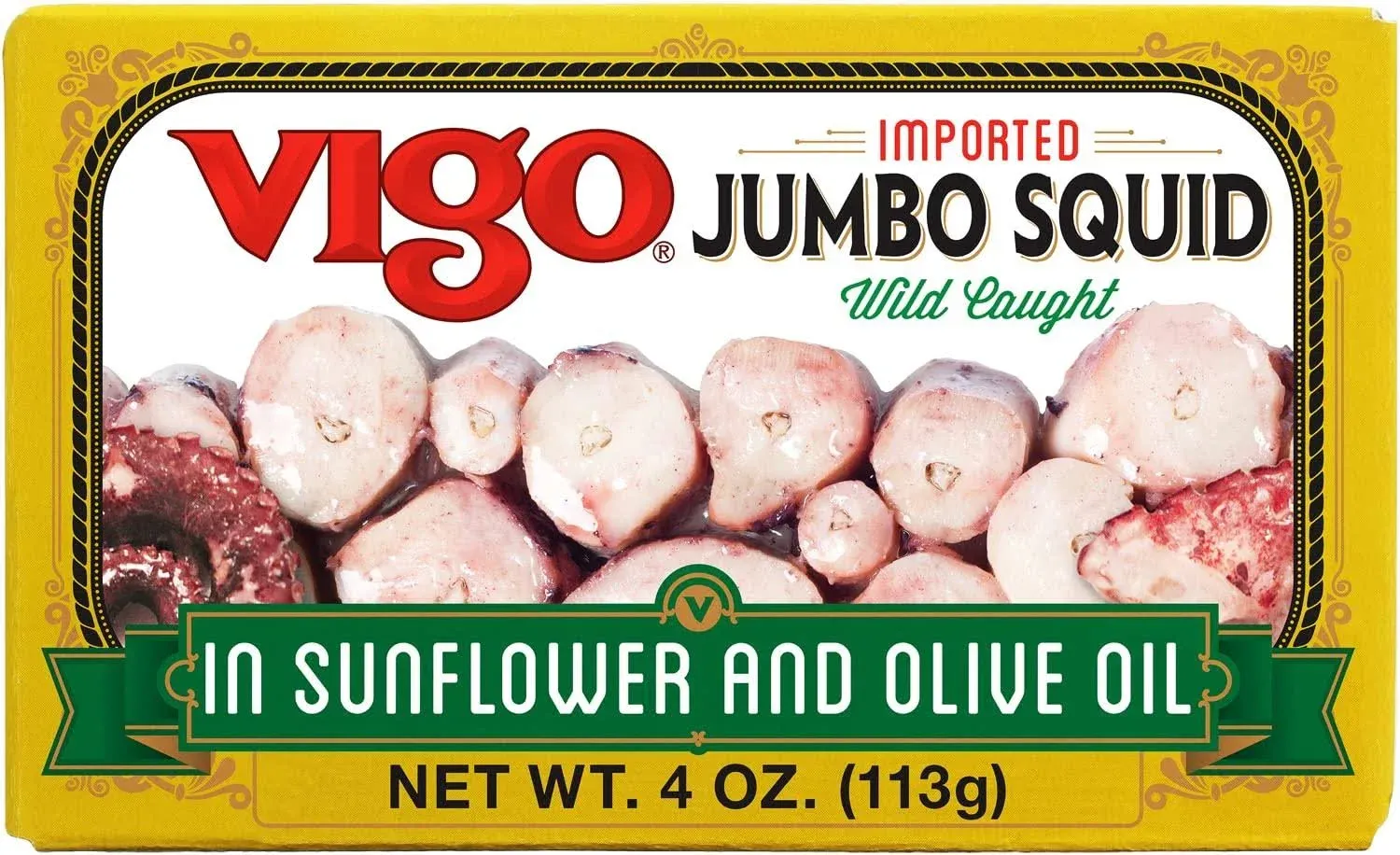 Vigo Premium Imported Canned Seafood, Jumbo Squid in Sunflower & Olive Oil, Specialty Flavored, Perfect for Recipes and Dishes (Jumbo Squid in Sunflower & Olive Oil, 4 Ounce (Pack of 3))