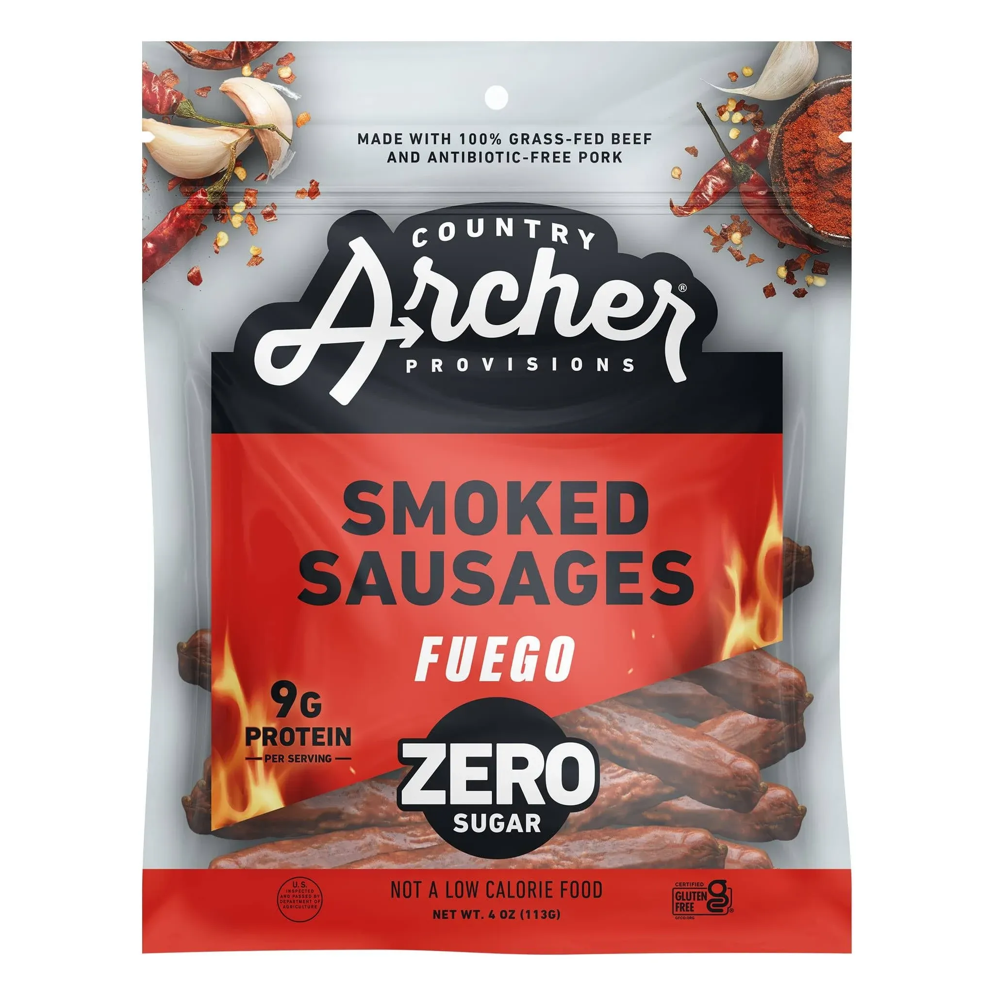 Zero Sugar Smoked Sausages by Country Archer, Spicy Fuego, 4 Ounces, 2 Pack  exp