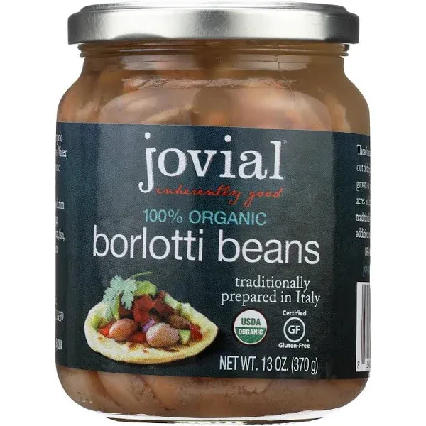 Jovial 100% Organic Borlotti - Borlotti, Organic Borlotti, No Saturated Fat, Gluten Free, Recyclable Glass, Great Source of Fiber, No Additives or Preservatives, Product of Italy - 13 Oz, 6 Pack