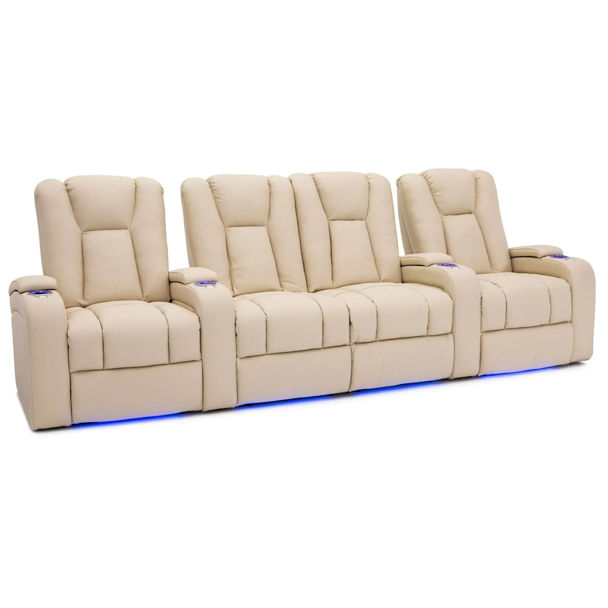 Seatcraft Serenity Leather Home Theater Seating - Living Room - Power Recline - Tray Tables - in-Arm Storage - Ambient Base Lighting and Lighted Cupholders (Row of 4 Middle Loveseat, Cream)