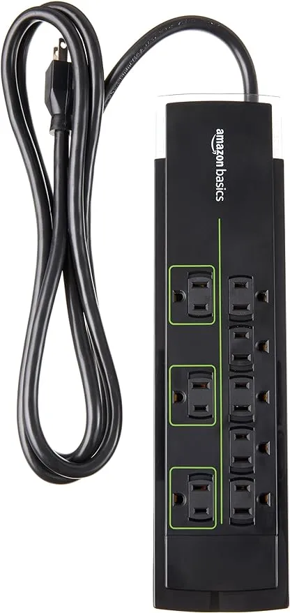 Amazon Basics Rectangular 8-Outlet Power Strip Surge Protector, 4,500 Joule - 6-Foot Cord, Black/Green