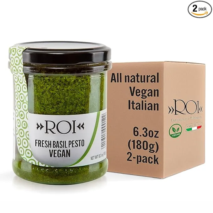 ROI Pesto Sauce - Vegan Pesto - Fresh Ligurian Basil Pesto Made of Genovese DOP basil and EVOO - Gluten Free Pesto - Keto Friendly Basil Sauce - Non-GMO - Made In Italy - 6.3 oz (180g) (Pack of 2)