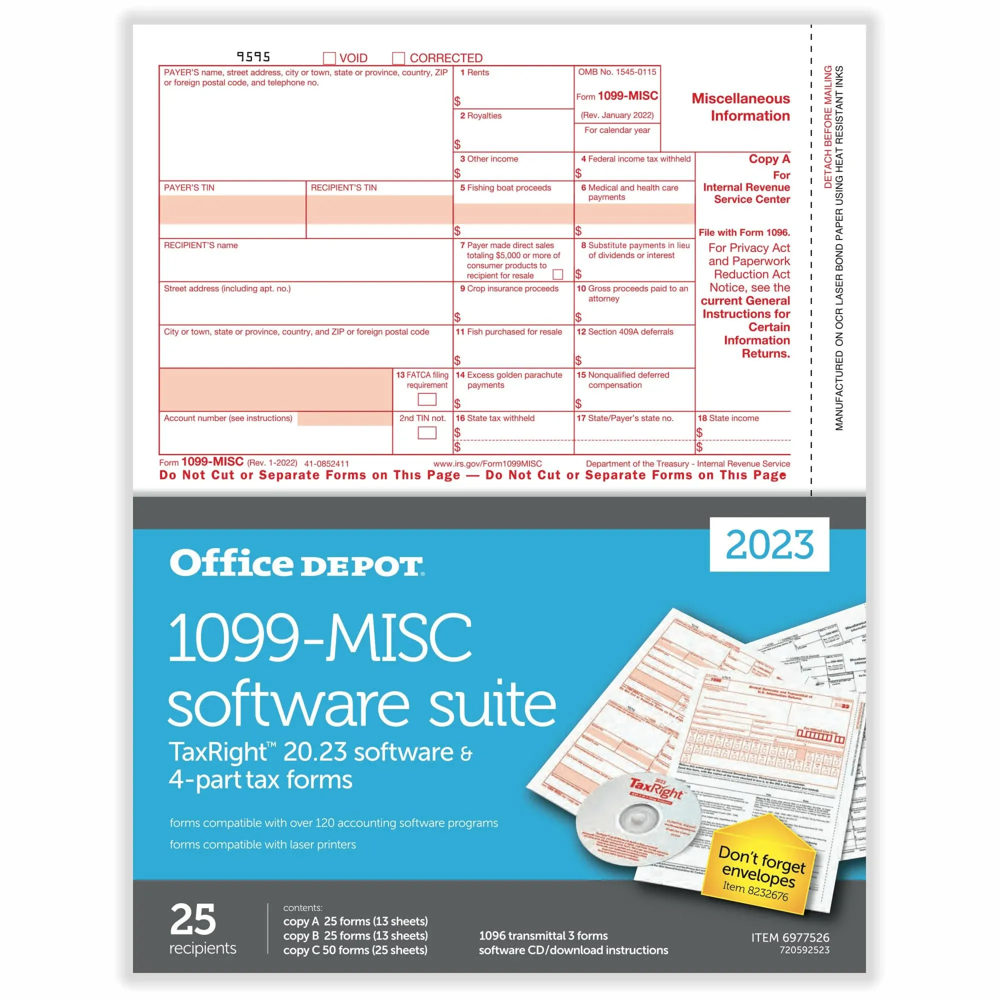 Office Depot Brand 1099-MISC Laser Tax Forms with software, 4-Part, 2-Up, 8-1/2 inch x 11 inch, Pack of 25 Form Sets