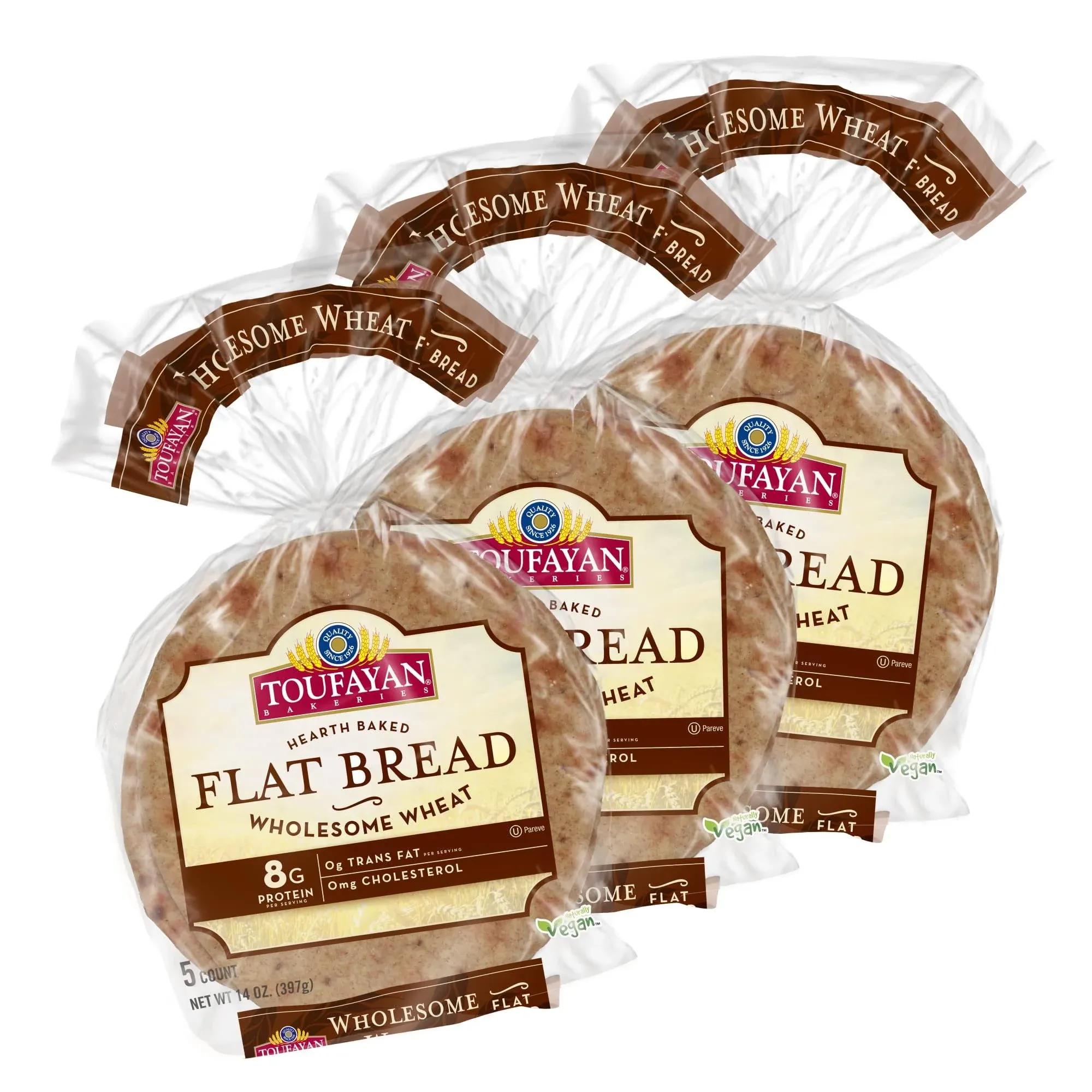 Toufayan Whole Wheat Flatbread | Vegan | Cholesterol Free | Kosher (3 Pack, 15 Flatbreads Total)