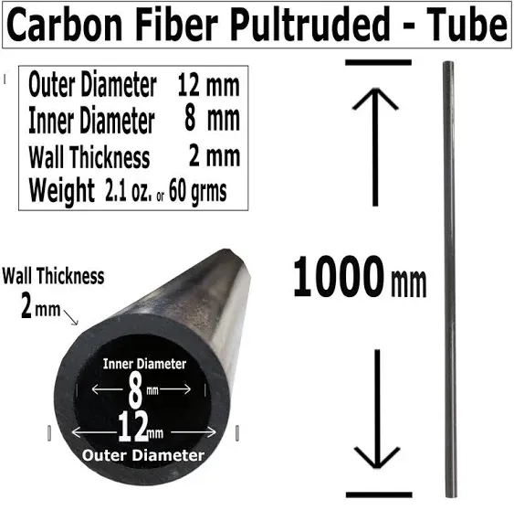 Pultruded Carbon Fiber Tubing - 12mm x 8mm x 1000mm - High Strength 4