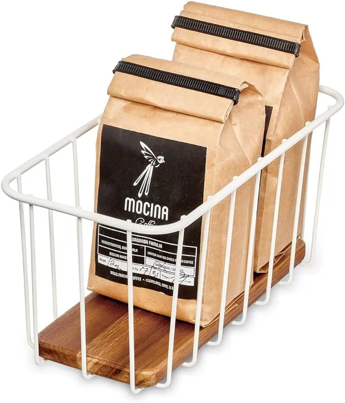 iDesign The Ría Safford Collection Pantry Wire Basket with Acacia Wood, 10" x 5" x 5"