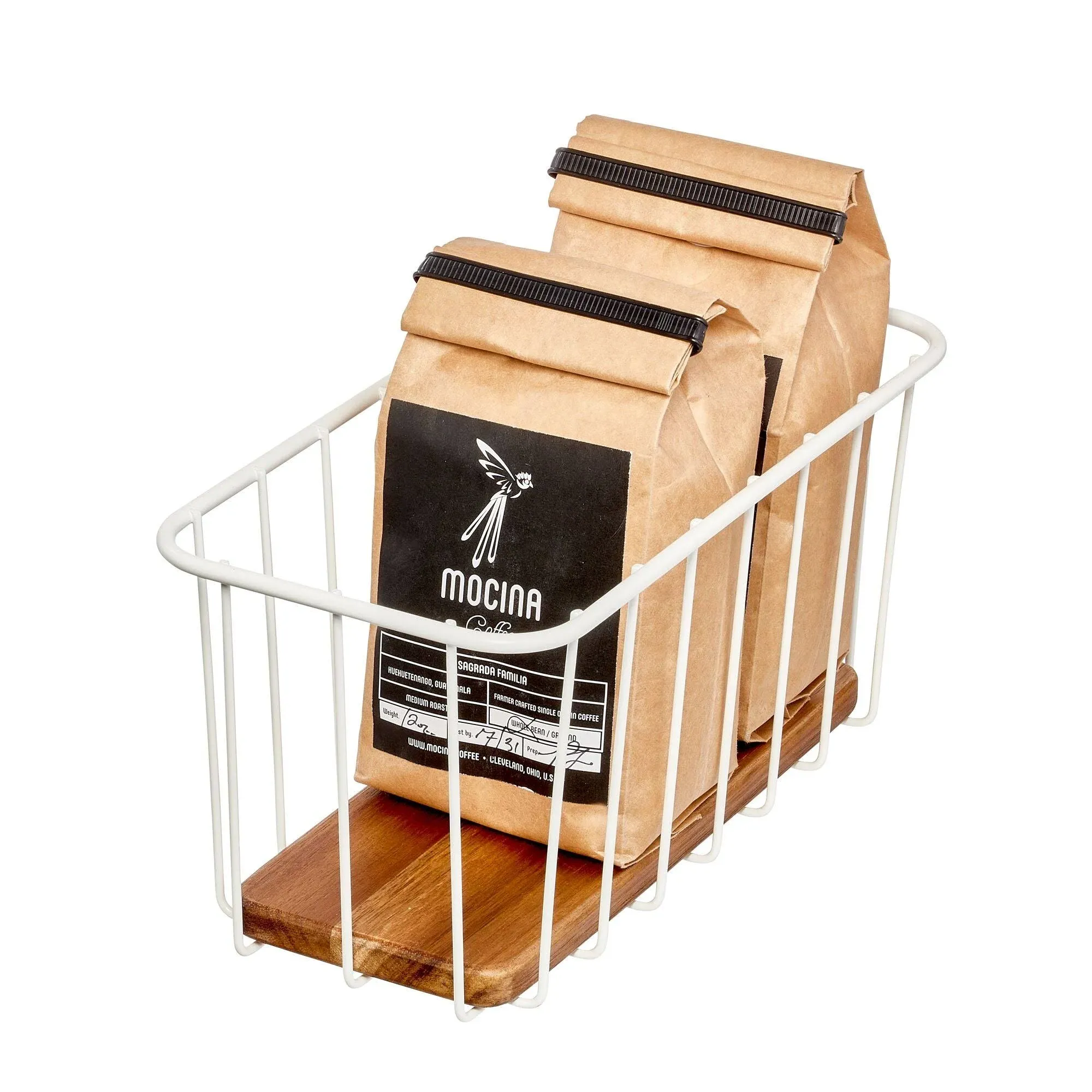 iDesign The Ría Safford Collection Pantry Wire Basket with Acacia Wood, 10" x 5" x 5"