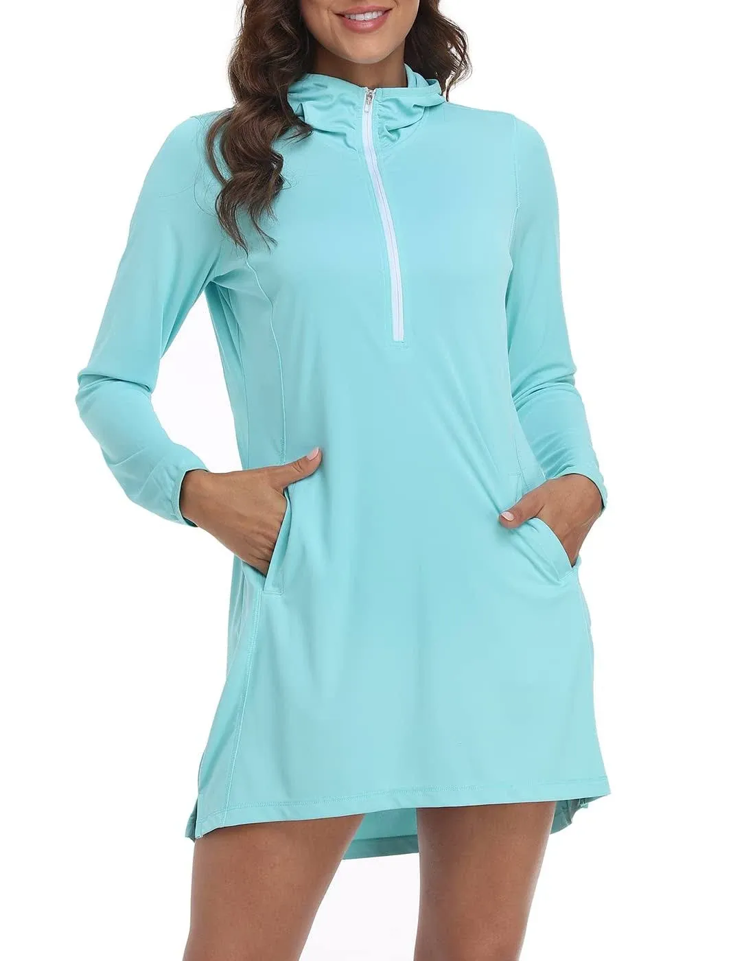 Hde Beach Coverups for Women UPF 50 Long Sleeve Swim Cover Up Dress with Hood