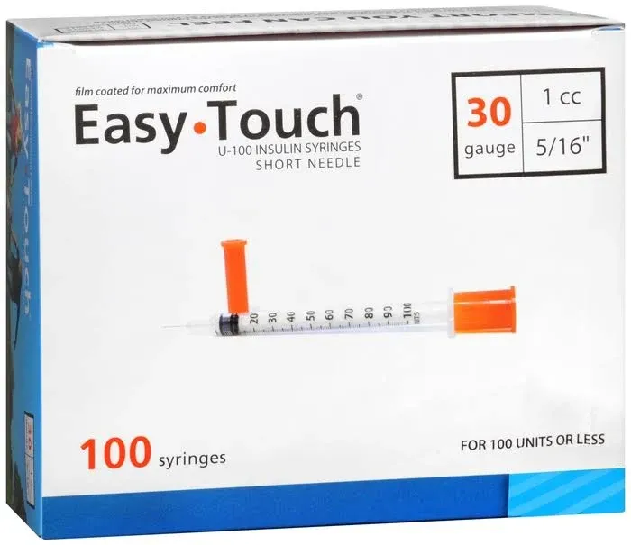 Easy Touch Insulin Syringe, 30G 1cc 5/16-Inch (8mm), 830165, Box of 100