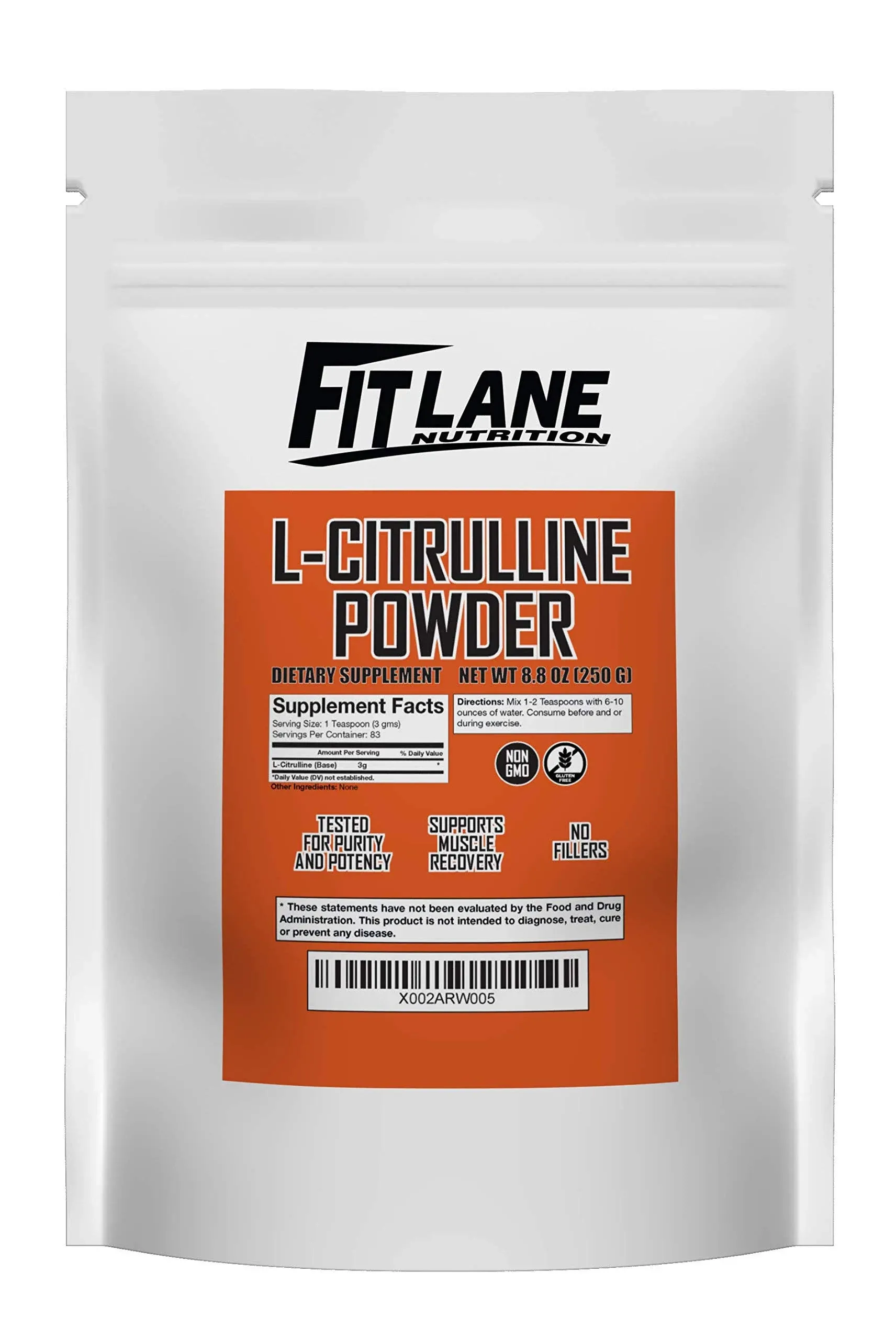 Fit Lane Nutrition L-Citrulline Powder, Bulk Free Form Amino Acid Supplement. Raw and Pure with No Additives 250 Gram Bag.