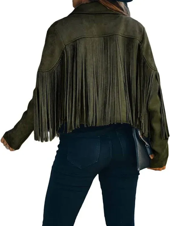 CHARTOU Casual Faux Leather Jacket Women Motorcycle Jacket Fringe Cropped Jacket Utility Tassel Suede Moto Jacket