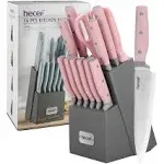 hecef Kitchen Knife Block Set, 14 Pieces Knife Set with Wooden Block & Sharpener Steel & All-purpose Scissors, High Carbon Stainless Steel Cutlery Set (Pink)