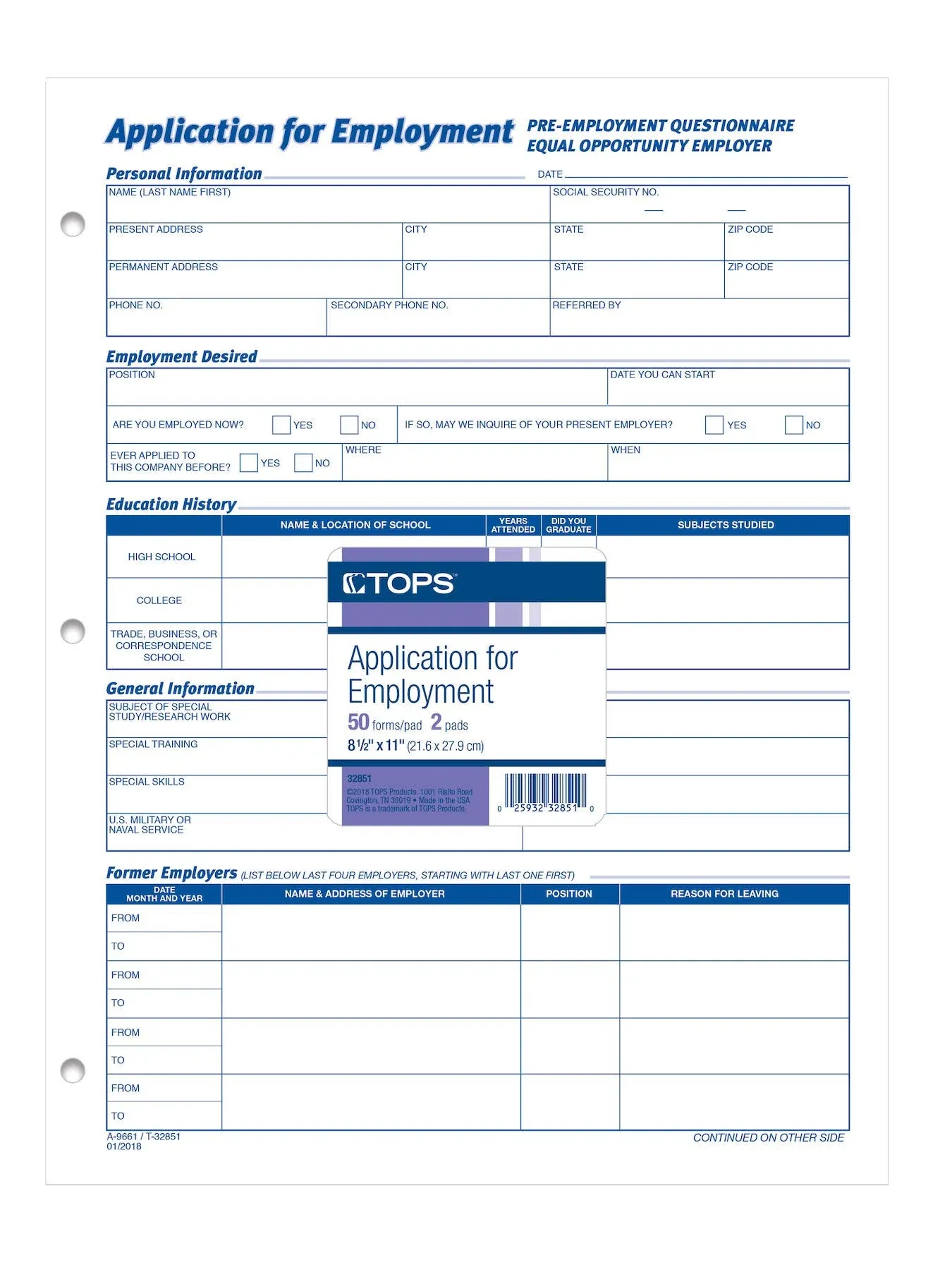 TOPS Employee Application Form 8.38 x 11 32851