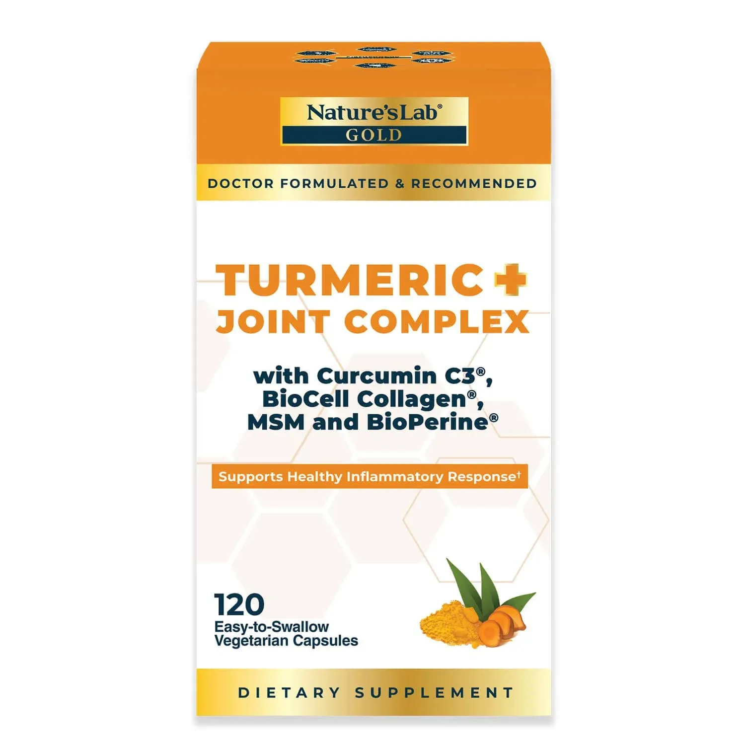 Nature's Lab Gold Turmeric Joint Complex - Biocell Collagen, Hyaluronic Acid, C3 Curcumin, MSM - 120 Capsules