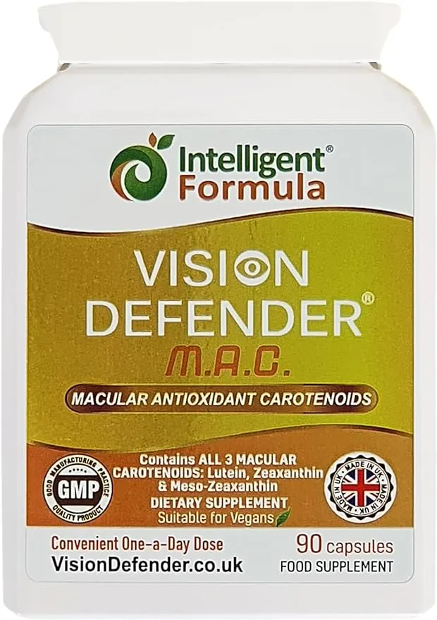 Vision Defender Lutein, Zeaxanthin & Meso-Zeaxanthin Eye Supplement MAC Vegan/Vegetarian Antioxidant Carotenoids for Eyes (90 Capsules/One Capsule Daily) Made in UK