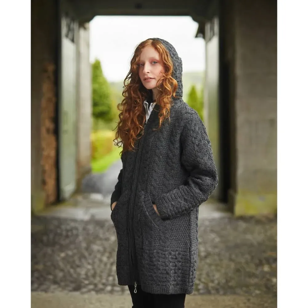 Aran Crafts Hooded Coat with Celtic Knot Zipper Pull Charcoal