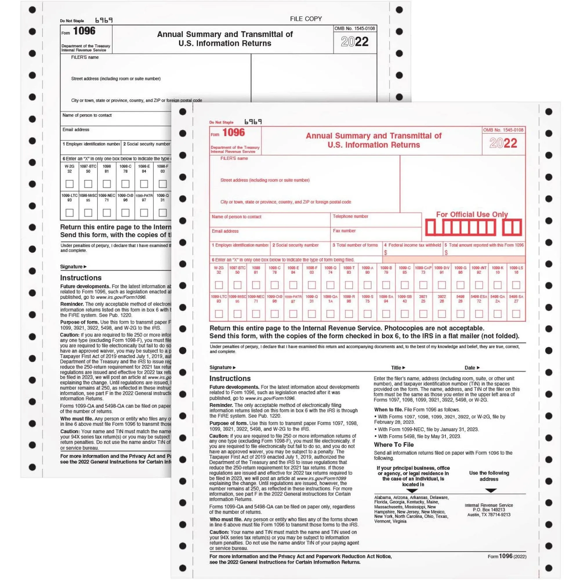 Tops 1096 Summary Transmittal Tax Forms, 2-Part Carbonless, 8 x 11, 10 Form