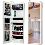 KEDLAN LED Mirror Jewelry Cabinet with Bluetooth Speaker, Wall/Door Mounted Jewelry Organizer Armoire, Full Length Lighted Mirror with Jewelry