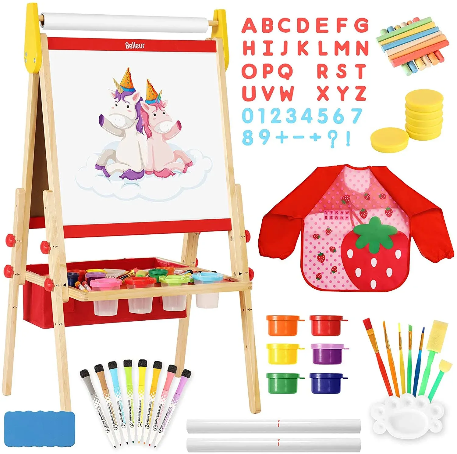 All-in-One Art Easel for Kids with 2 Paper Rolls & Deluxe Accessories, Adjustable Magnetic Double Sided Whiteboard & Chalkboard, Painting Kid Easel for Toddlers 2-8, Ideal