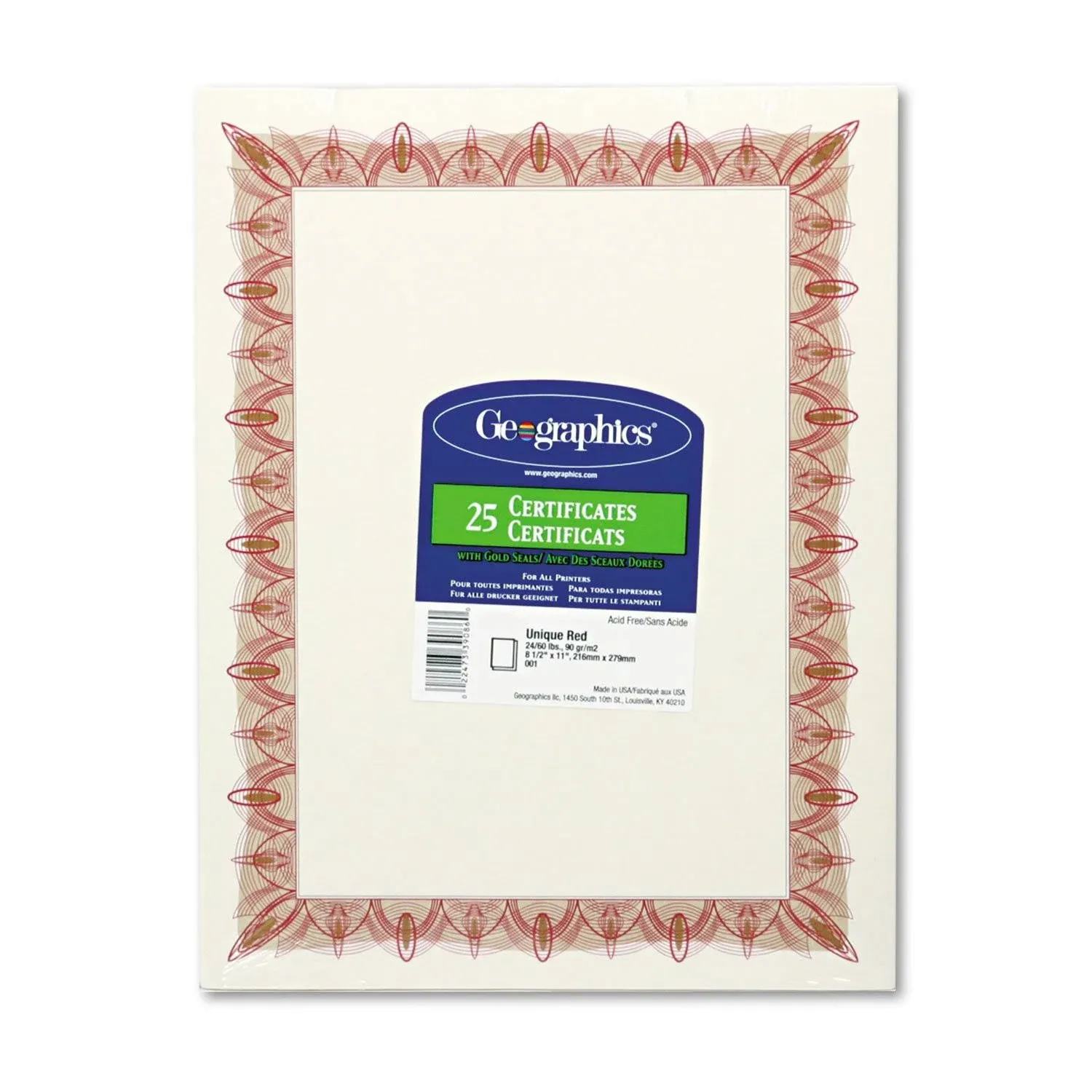 Geographics Classic Printable Certificates with Seals, 8.5" x 11", Red - 25 pack