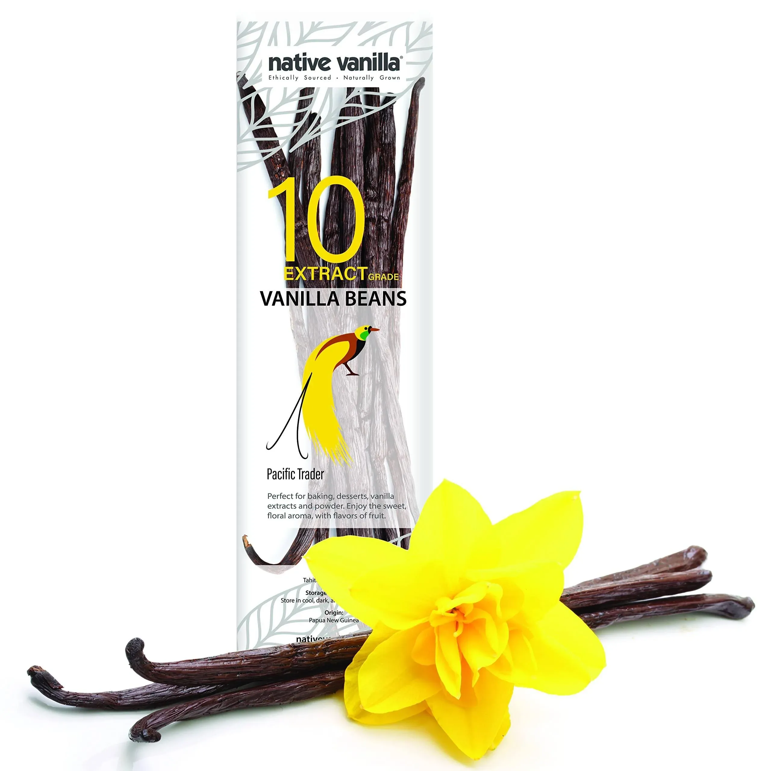 10 Tahitian Vanilla Beans - Premium Grade B Whole Vanilla Pods - For Vanilla Extract, Cooking, Baking, & Desserts - Rich, Creamy Flavor - 100% Vegan & Kosher - Non-GMO & Gluten-Free - Native Vanilla