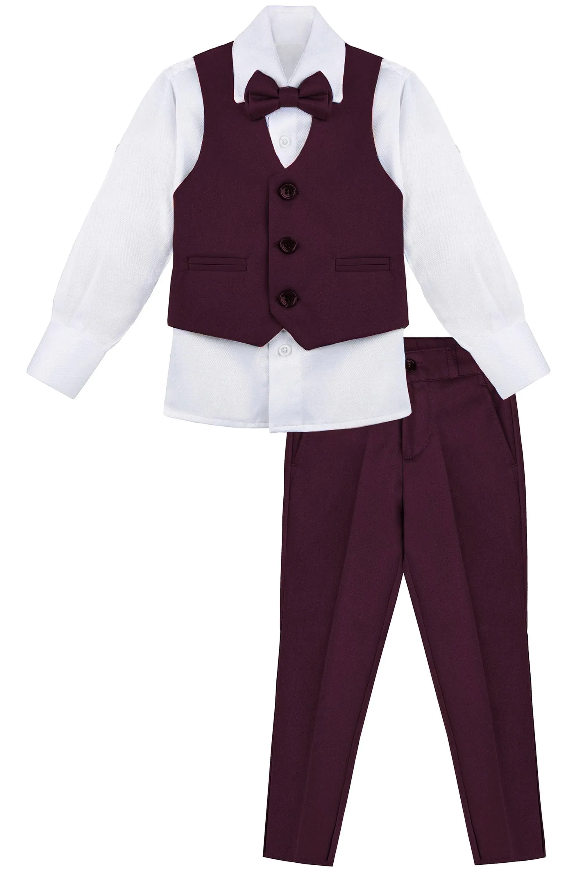 LILAX Boys Formal Dress Shirt, Pants and Tie and Vest Suit Set Burgundy / 5 Years