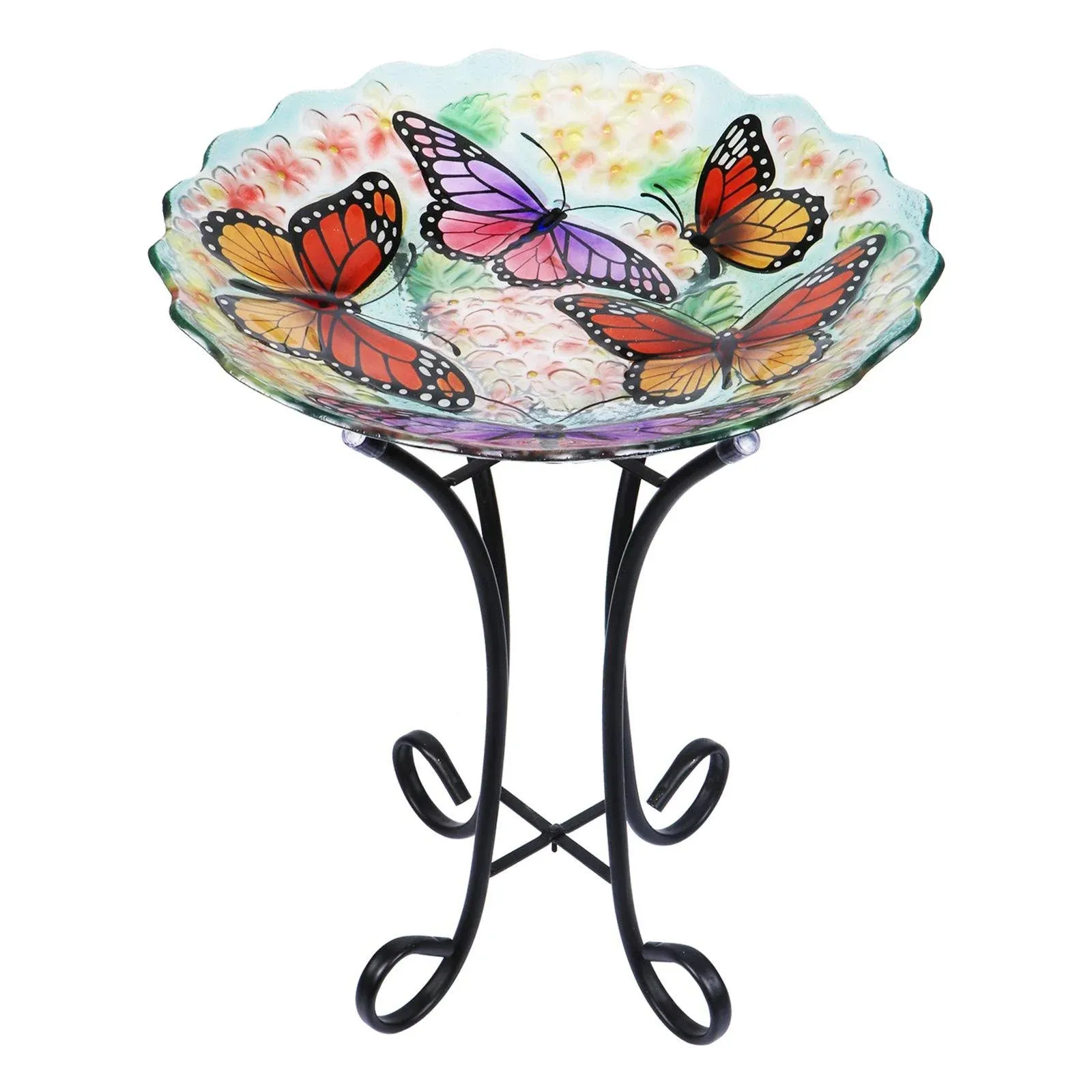 VCUTEKA Glass Bird Bath Outdoor with Metal Stand for Lawn Yard Garden Decor Butterfly Bird Feeder