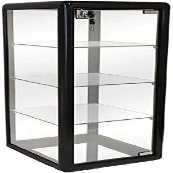 Only Hangers Elegant Black Aluminum Table Top Tempered Glass Display Showcase with (3) Glass Shelves. Hinged Glass Door Includes Lock and Key