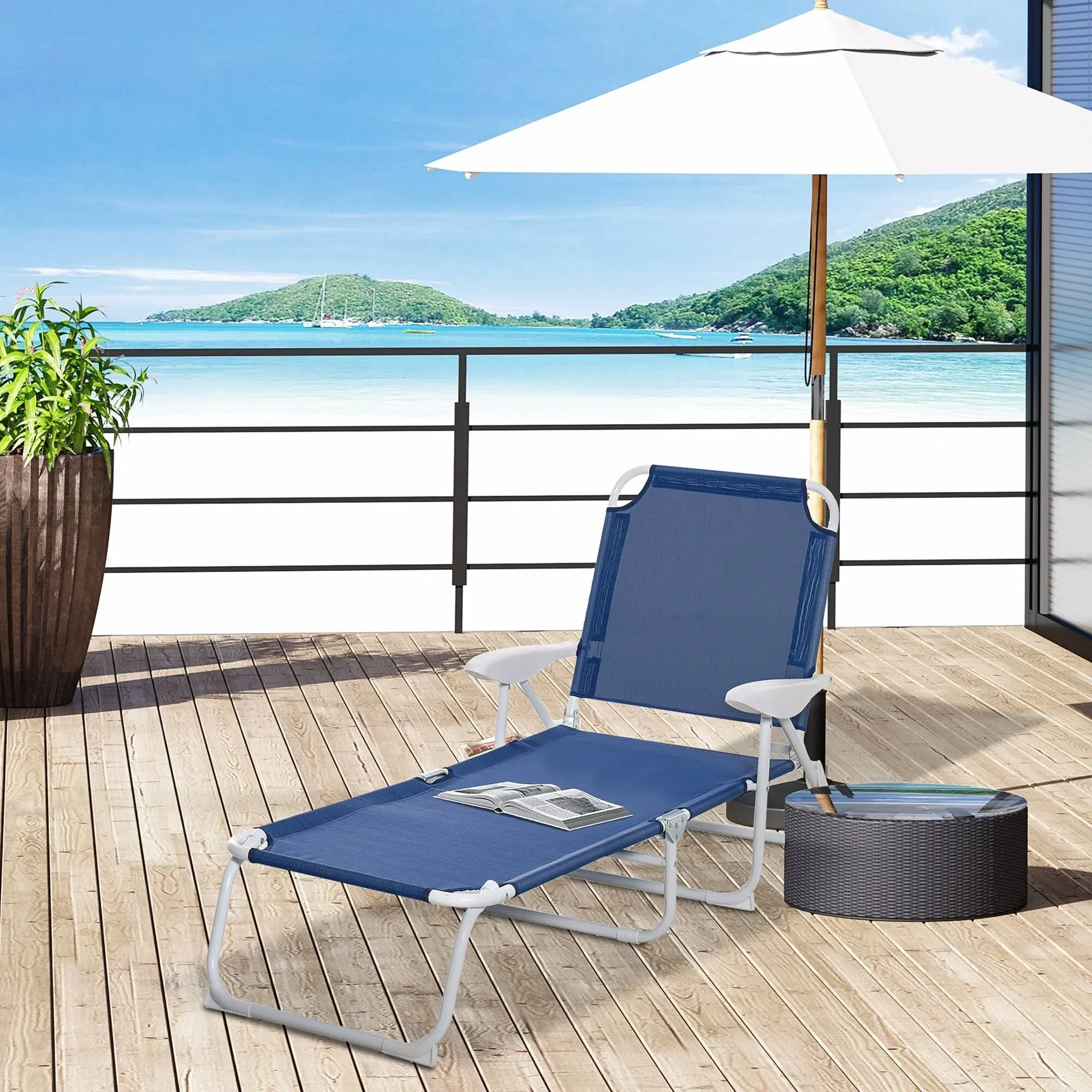 Folding Chaise Lounge, Outdoor Sun Tanning Chair, Four-position Reclining Back, Armrests, Iron Frame In Blue