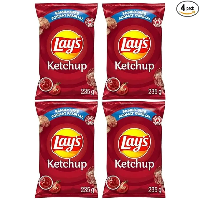 Lays Ketchup Potato Chips 235g/8.28oz Family Bag (Shipped from Canada) 4 Pack