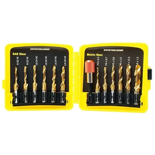 AUTOTOOLHOME Titanium Combination Drill Tap Bit Set 13PCS SAE and Metric Tap Bits Kit for Screw Thread Drilling Tapping Deburring Countersinking