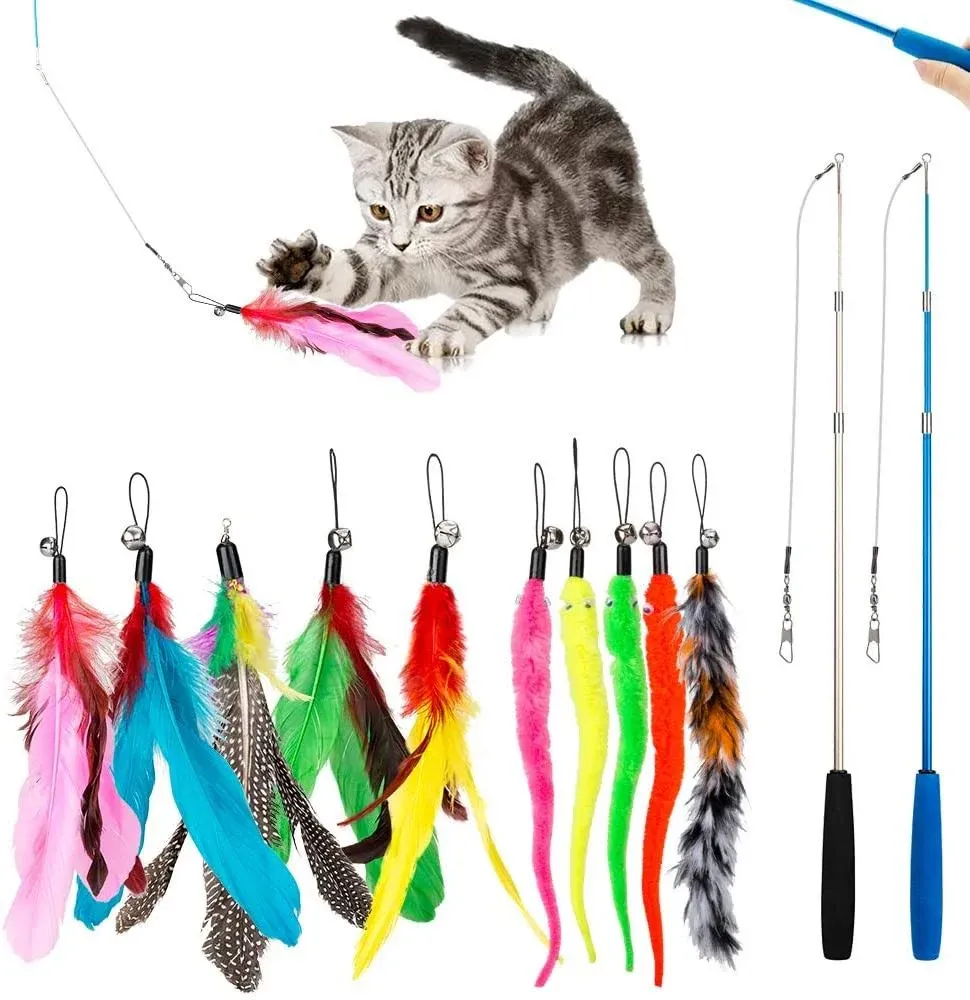 JIARON Feather Teaser Cat Toy, 2pcs Retractable Cat Wand Toys and 10pcs Replacement Teaser with Bell Refills, Interactive Catcher Teaser and Funny