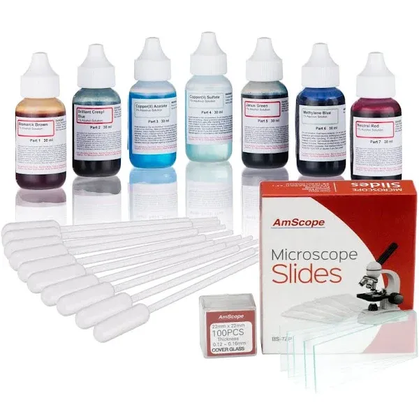 Amscope Vital Stain Kit for Living Cells – Microscope Slide Stains, Pipettes & 72 ...