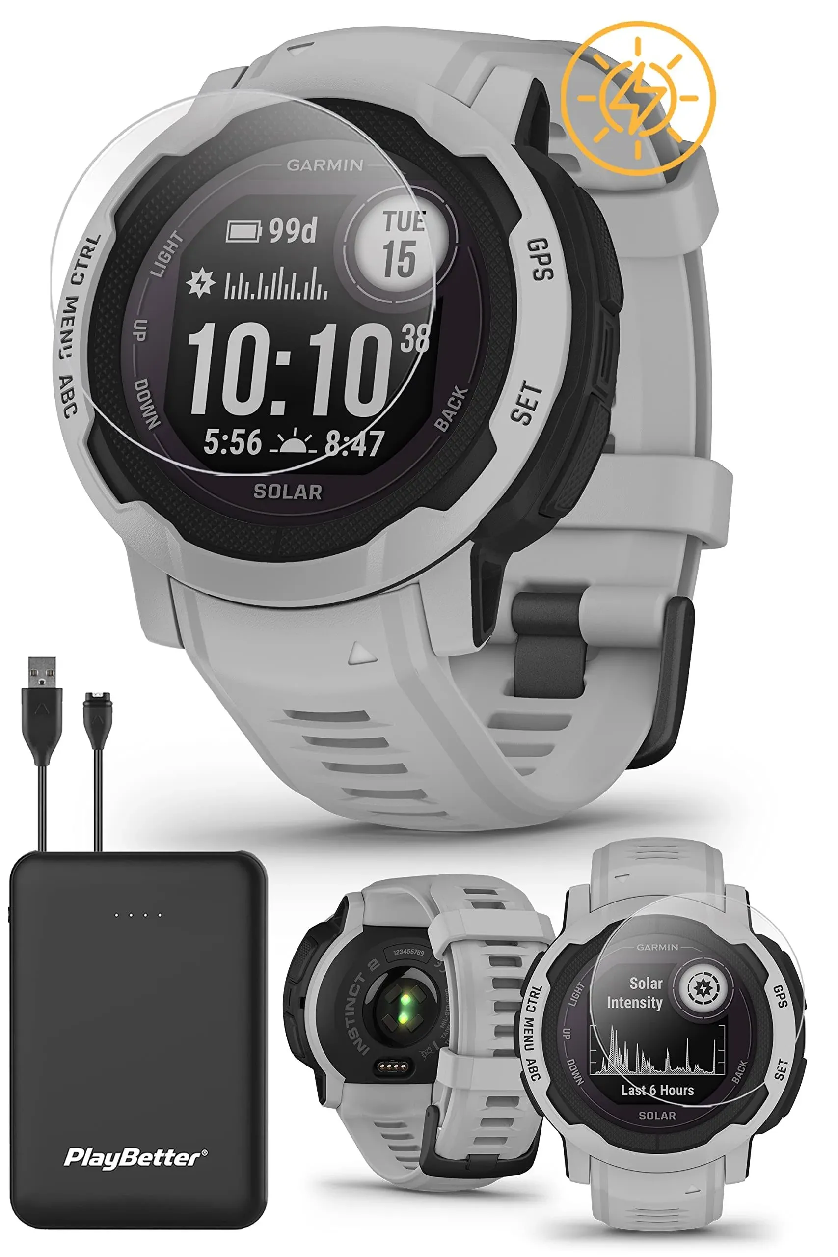 PlayBetter Garmin Instinct 2 Solar (Mist Gray) Rugged GPS Smartwatch Bundle - Outdoor Watch with Multi GNSS, Compass, Heart Rate, Large, 45mm - Includes Screen Protectors & Portable Charger