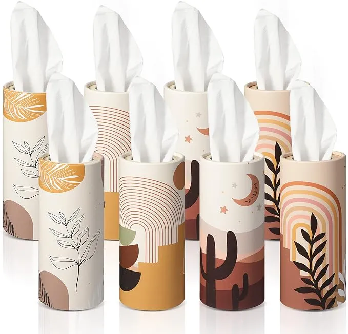 8 Pack Boho Round Tissues Box Tissue Holder for Car with Facial Tissues Cylinder Tissue Holder for Car Round Container Tissues Box Tissues Cylinder Travel Tissues for Car Round Tissue Tubes