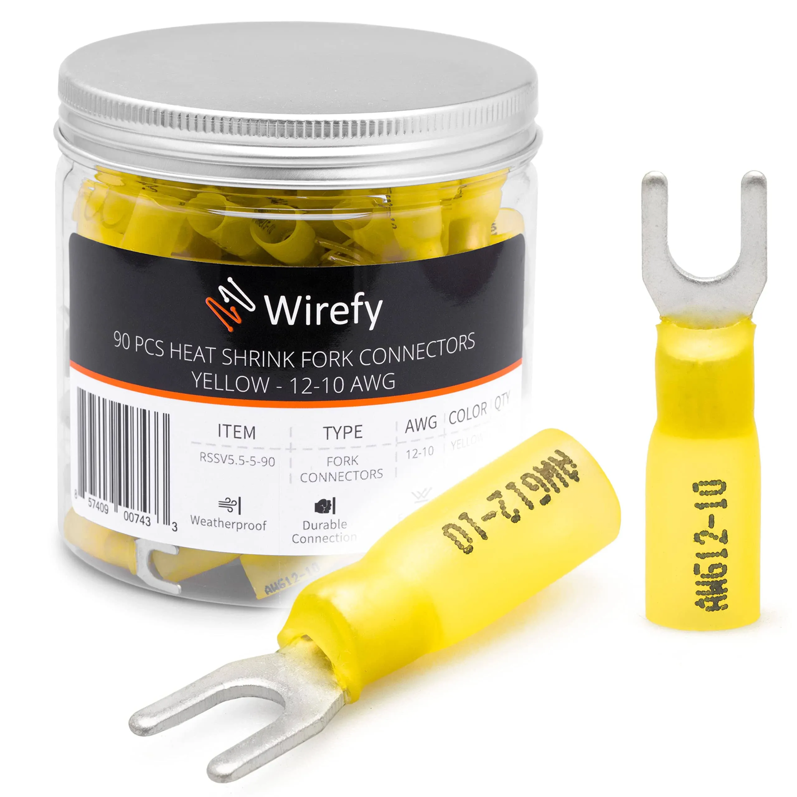 Wirefy 90 Pcs Heat Shrink Fork Connectors #10 - Marine Grade Fork Terminals - Spade Fork Wire Connectors - Yellow 12-10 Gauge