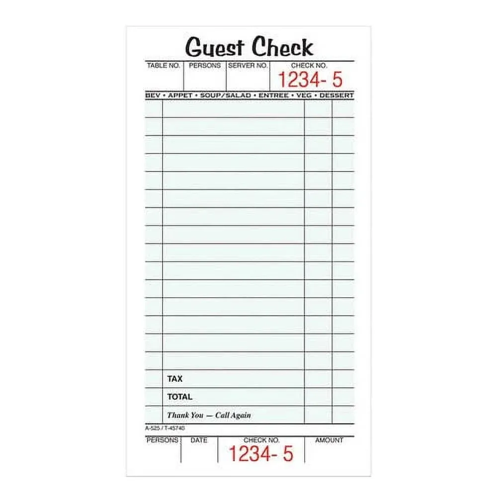 Adams Guest Check Pads, Single Part, Perforated, White,