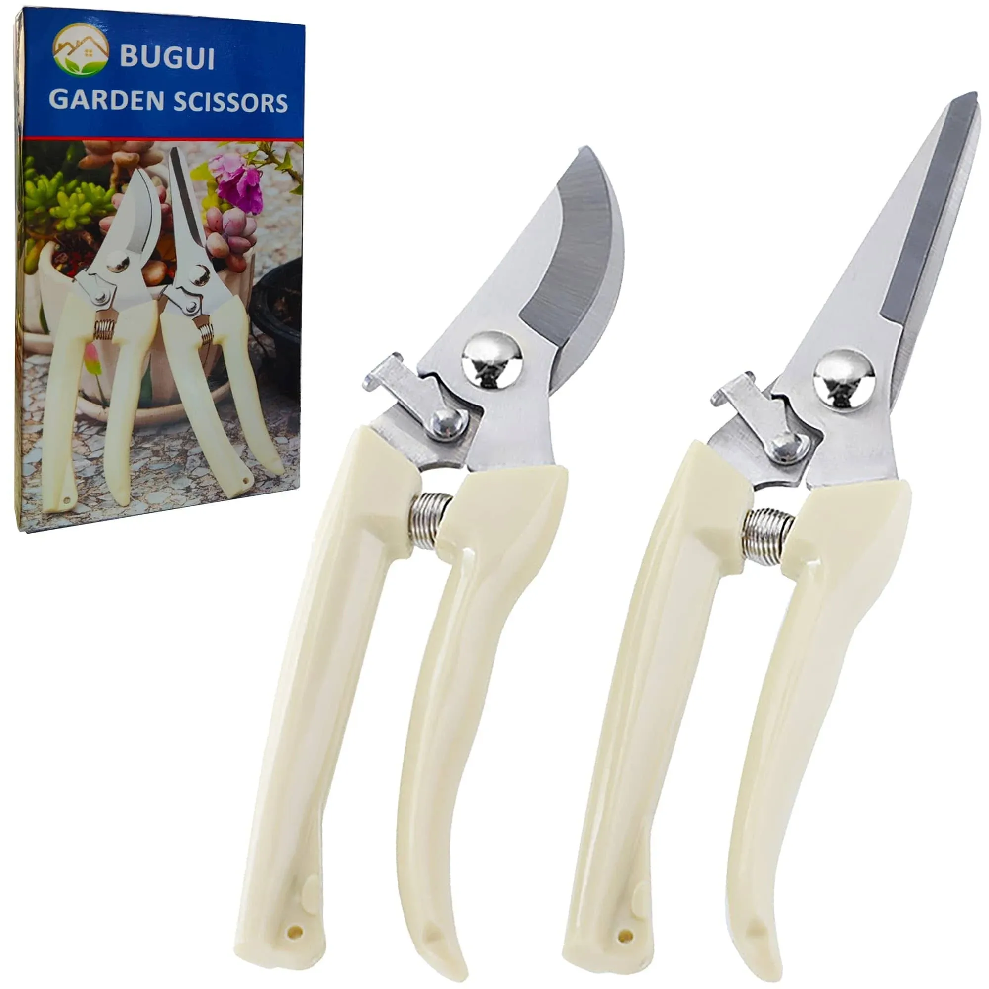 BUGUI Garden Pruning Shears Set - 2 Pack, 1 7&#034;+7.5&#034; (C012), Ivory White 