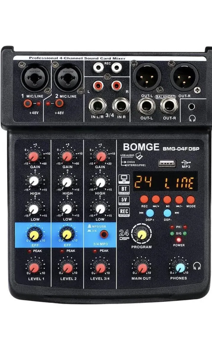 BOMGE 4 Channel Mini DJ Audio Sound Mixer Interface with MP3 USB, Bluetooth , Stereo Recording, 48V Phantom Power, 24 DSP for Karaoke, Performance,