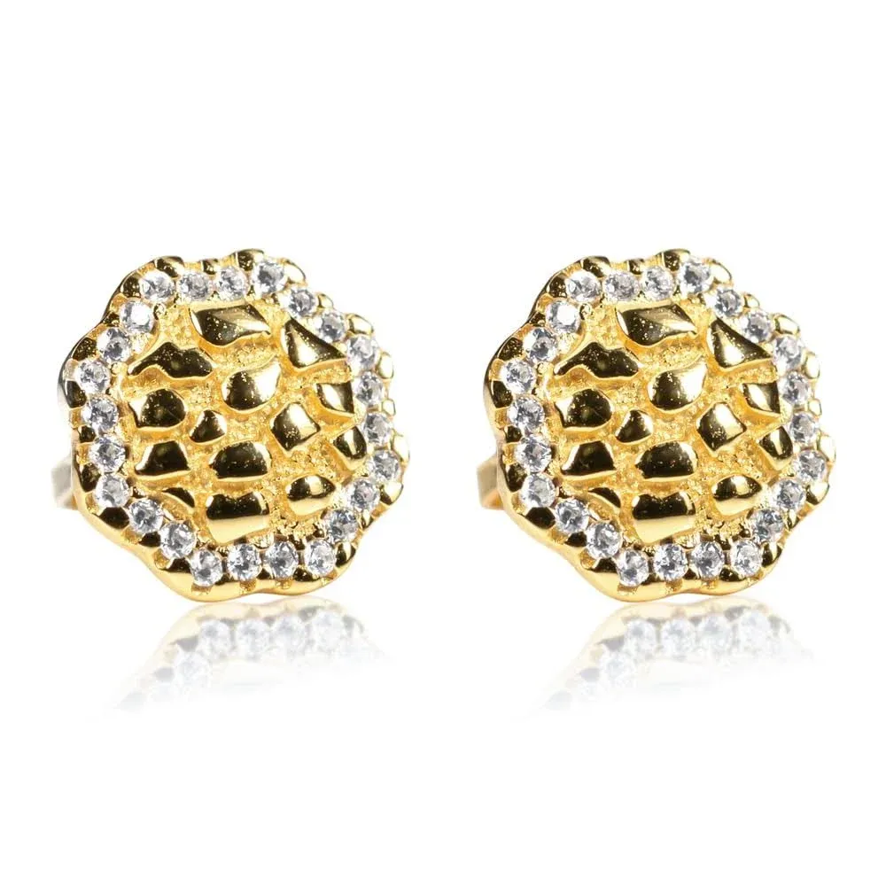 Round Men's Solid 14K Gold Plated 925 Iced CZ Nugget Hip Hop Circle Screw Back Stud Earrings, Size: Large