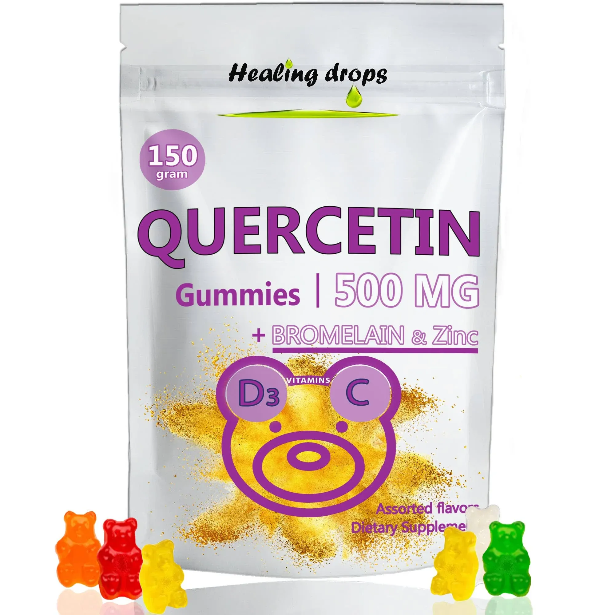 Healing Drops Quercetin with Bromelain Gummies - Vitamin C + Zinc + Vitamin D3 - Quercetin 500mg Gummies for Kids and Adults (1)