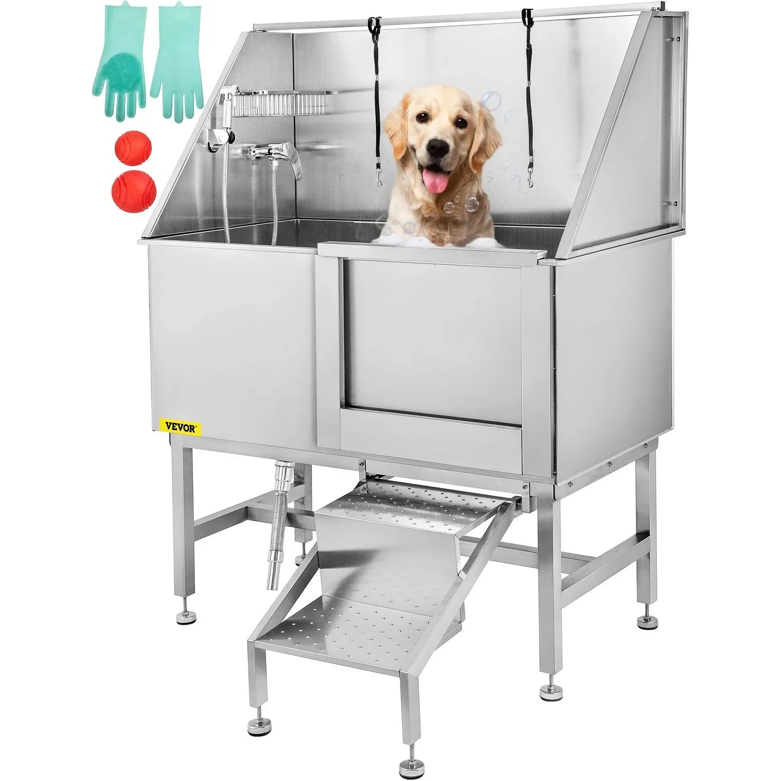 VEVOR 50" Pet Grooming Bath Tub Dog Cat Wash Walk-in Ramp Stainless Steel W/faucet