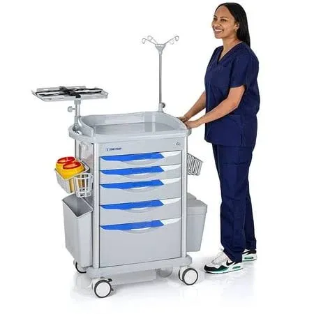 Stand Steady Emergency Crash Cart | Mobile Medical Cart with Drawers & Customizable Storage Bins | Medical Supply Cart with IV Pole, Cardiac Board, O2 Holder & UL-Safety Power Strip | Easy Assembly