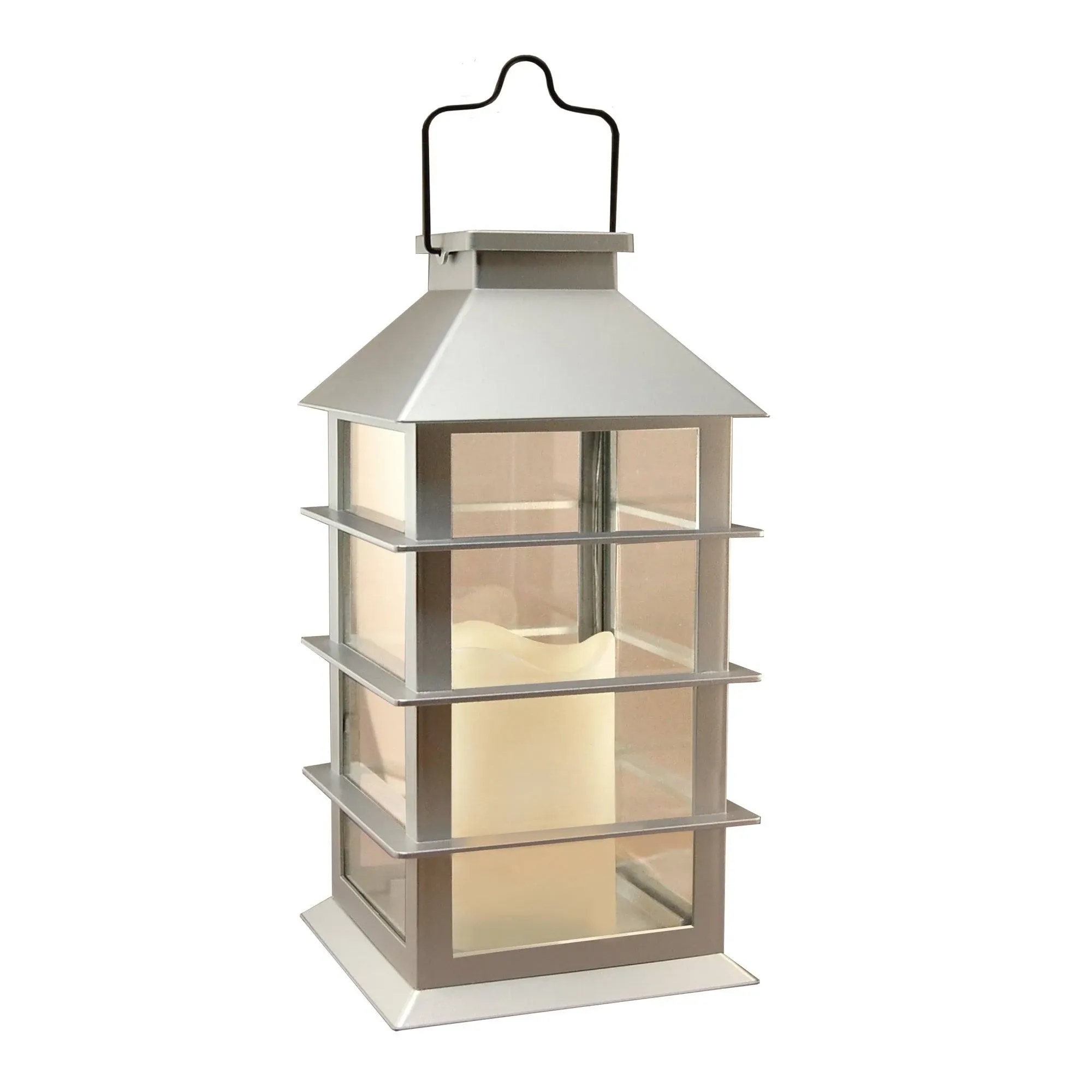 LumaBase Solar Powered Lantern with LED Candle - Silver