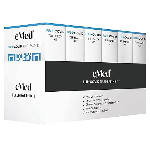 eMed Telehealth Kit for COVID-19 & Flu - Proctored Flu Screener, COVID-19 Home Test Kit - Telehealth Service, Lab Report, and Prescription Medicine If Eligible - 2 Pack, 2 Kits