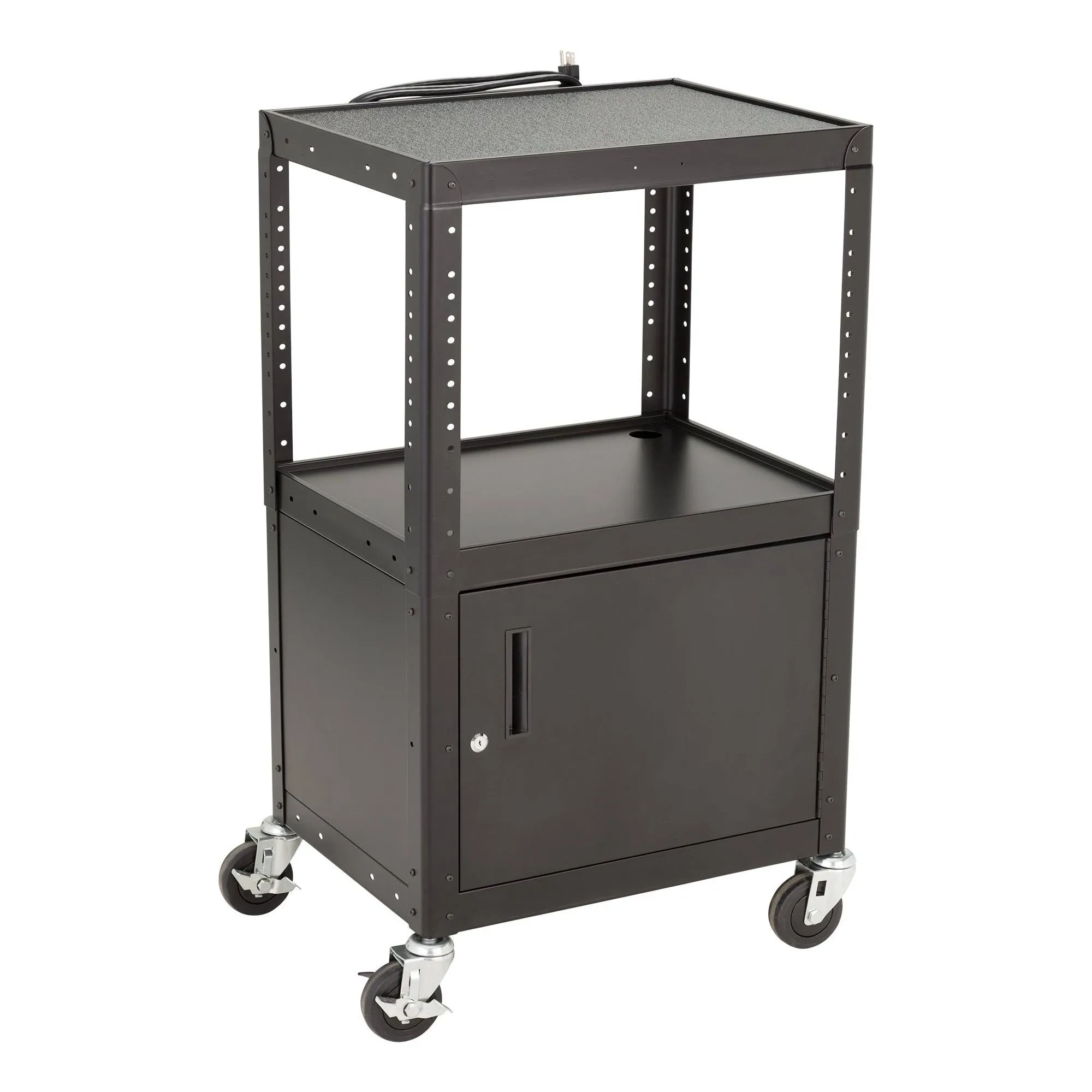 Norwood Commercial Furniture Heavy-Duty Adjustable-Height Metal AV Cart with Cabinet and Electric