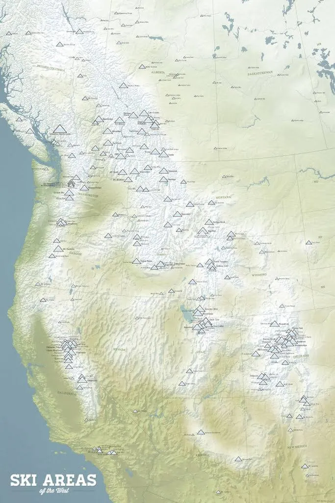 Western Ski Areas &amp; Resorts Map 24x36 Poster (Natural Earth) #849