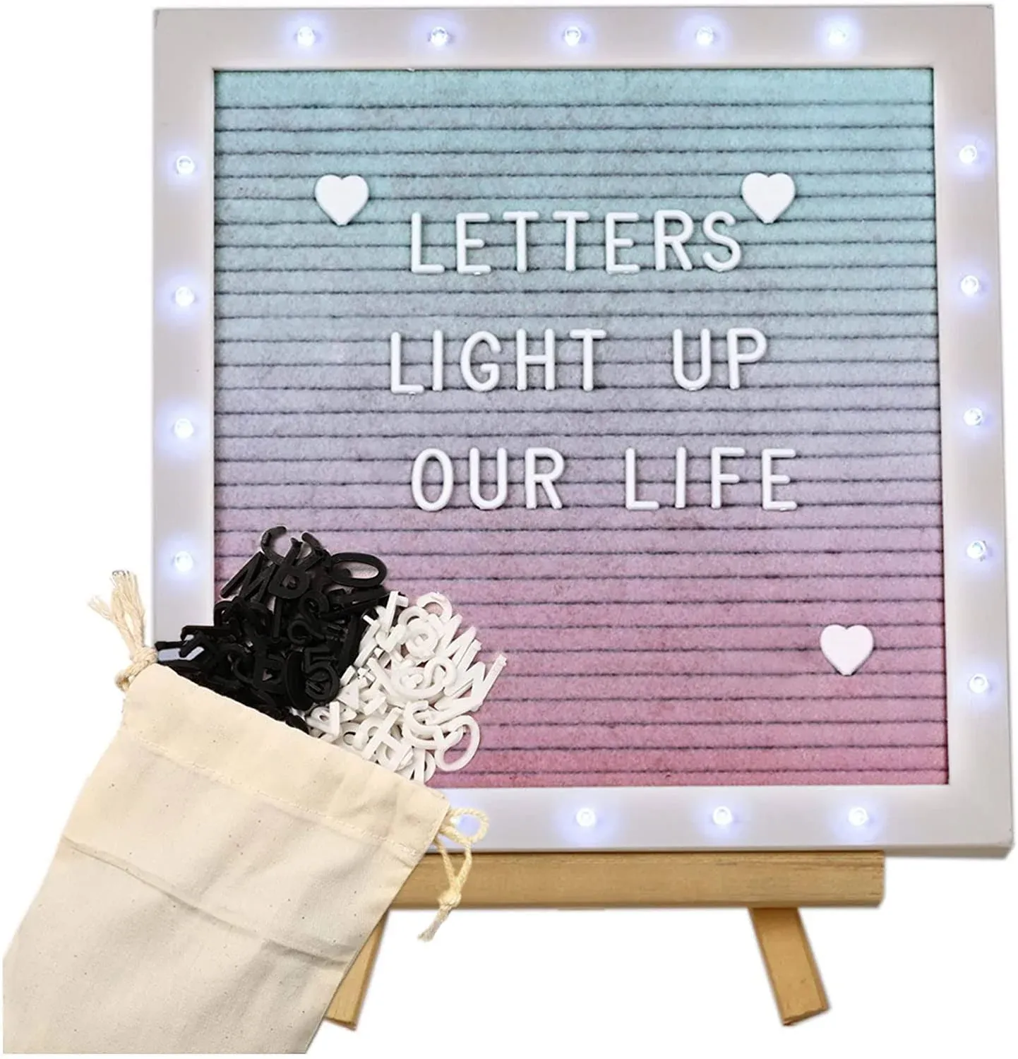 Gradient Felt Letter Board with LED Lights- 10 × 10 Inch Felt Changeable Message Board with Romantic White Frame 510 Black & White Pre-Cut Letters for Making Valentine's Day Wedding Party Decor