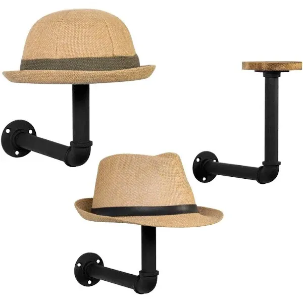 MyGift Set of 3 Metal Pipe and Brown Wood Wall Mounted Hat and Wig Rack Holders